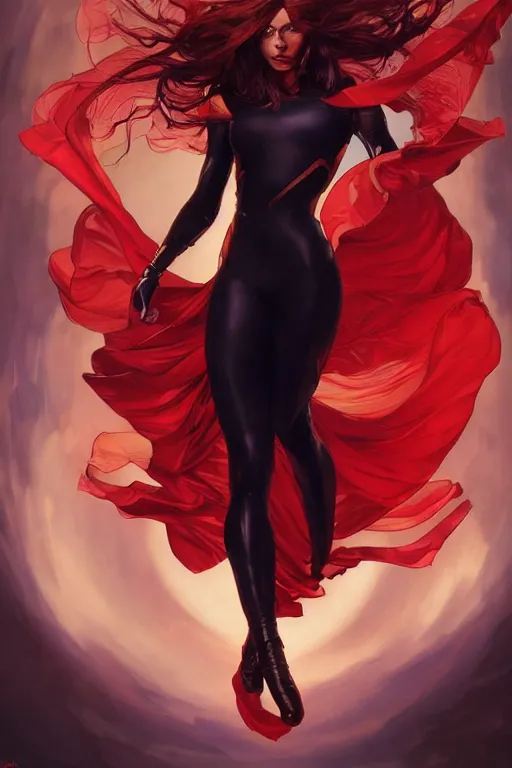 Image similar to marvel superhero, beautiful woman, floating in the air, red tight costume and red long hair, black cloak, power field around her, detailed portrait, dark background texture, alphonse mucha, greg rutkowski, trending on artstation, artgerm, breathtaking, sharp focus, smooth, mark arian, award winning, highly detailed 8 k art