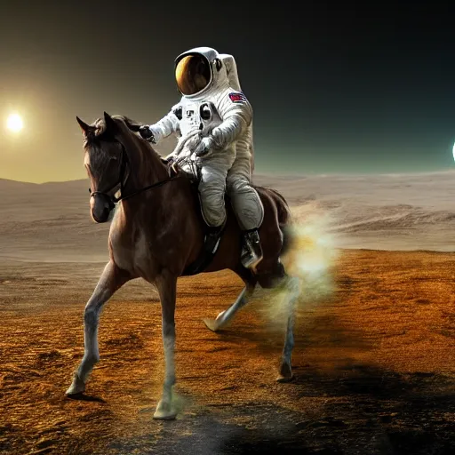 Image similar to an astronaut riding a horse uhd 8 k, artstation, hd, hdr, shuttershock, dramatic lighting, beautiful landscape, moon in the background, incredibly detailed