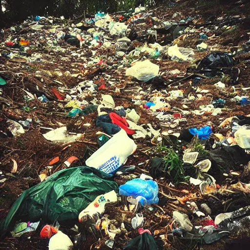 Prompt: “analogue high resolution photo of living nature full of garbage”