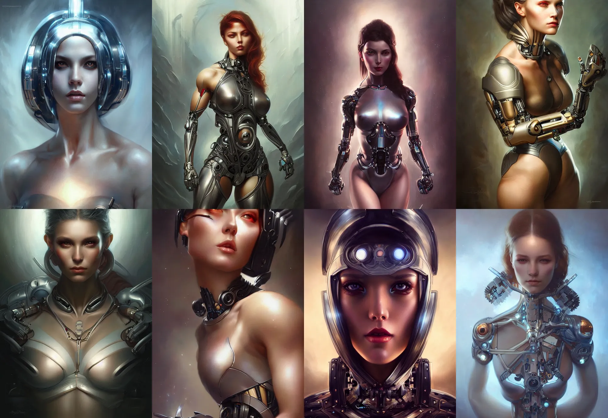 Image similar to a beautiful woman with cybernetic muscles, painted by artgerm and tom bagshaw, fantasy art, dramatic lighting, highly detailed oil painting