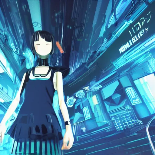 Image similar to Frequency indie album cover, luxury advertisement, blue filter, blue and black colors. Clean and detailed post-cyberpunk sci-fi close-up schoolgirl in asian city in style of cytus and deemo, blue flame, relaxing, calm and mysterious vibes, by Tsutomu Nihei, by Yoshitoshi ABe, by Ilya Kuvshinov, by Greg Tocchini, nier:automata, set in half-life 2, GITS, Blade Runner, Neotokyo Source, Syndicate(2012), dynamic composition, beautiful with eerie vibes, very inspirational, very stylish, with gradients, surrealistic, dystopia, postapocalyptic vibes, depth of field, mist, rich cinematic atmosphere, perfect digital art, mystical journey in strange world, beautiful dramatic dark moody tones and studio lighting, shadows, bastion game, arthouse