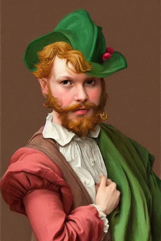 Image similar to intricate beautiful medium - shot, the card player man with short trimmed reddish beard ( ( ( no mustache ) ) ), blonde reddish hair, in green and pink clothes of 1 7 th century, matte painting, renaissance painting, by paul sezanne by leyendecker, by artgerm, rutkowskyi