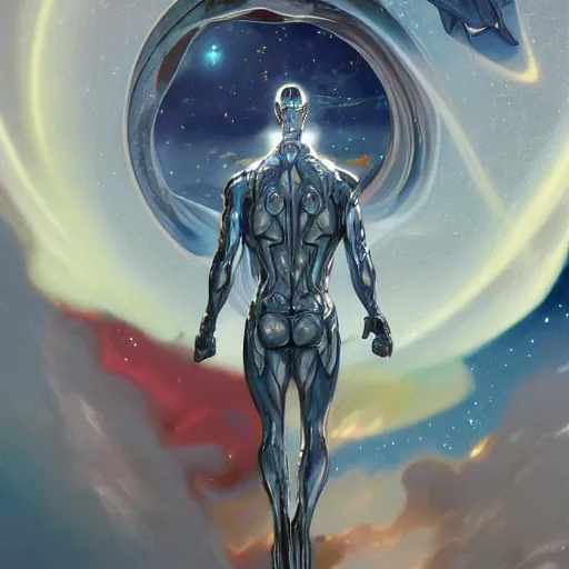 Prompt: silver surfer in space on top of a jdm car, intricate, elegant, highly detailed, digital painting, artstation, concept art, smooth, sharp focus, illustration, art by Krenz Cushart and Artem Demura and alphonse mucha