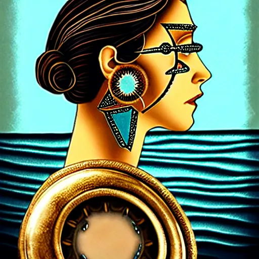 Image similar to portrait of chitral woman :: side profile :: in ocean :: clockwork details :: gold :: blood and horror :: by vikings and Sandra Chevrier