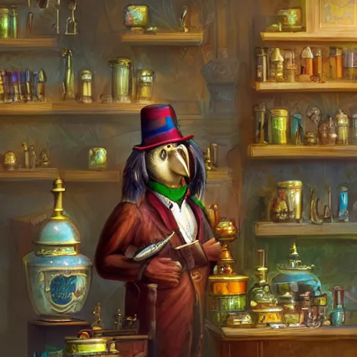 Image similar to Anthropomorphized parrot trader in his shop, selling his wares, portrait, items, gold, magic potions, carpet, window, sly expression , cunning expression, cute expression, long thick shiny gold beak, presenting wares, D&D, fantasy, cinematic lighting, highly detailed, digital painting, artstation, concept art, smooth, sharp focus, illustration, warm light, cozy warm tint, magic the gathering artwork, volumetric lighting, 8k, art by Akihiko Yoshida, Greg Rutkowski