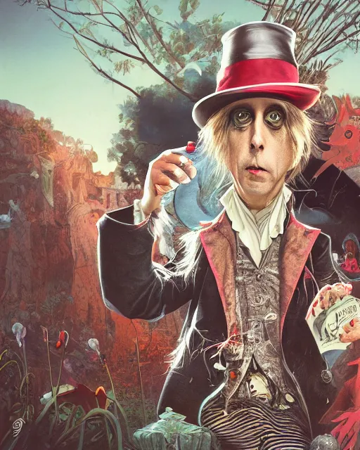 Image similar to tom petty as the mad hatter, contrast, kim jung gi, greg rutkowski, zabrocki, karlkka, jayison devadas, trending on artstation, 8 k, ultra wide angle, zenith view, pincushion lens effect