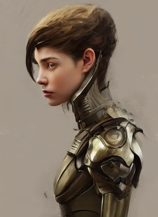 Image similar to a professional painting of a beautiful young female, clothed in military armor, olive skin, long dark hair, beautiful bone structure, symmetrical facial features, intricate, elegant, digital painting, concept art, smooth, sharp focus, illustration, from Metal Gear, by Ruan Jia and Mandy Jurgens and Artgerm and William-Adolphe Bouguerea