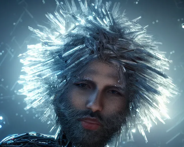 Image similar to realistic textured magnetosphere, beautiful hairy humanoids, love, joy, complex cybernetic beings, glowing hair, vortexes, large array, ornate hair, cinematic light shadows, wet hdr refractions, insanely detailed, cybernetic civilizations, 8 k, * * * * *