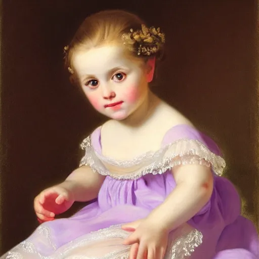 Image similar to portrait of a german toddler princess sitting down in a silk lavender gown, circa 1 8 3 7, by carl joseph begas, highly detailed, beautiful, oil on canvas, 1 8 3 0 s, romanticism