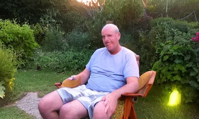 Image similar to My dad just took a hit from the bongo and have good time being gracefully relaxed in the garden, sunset lighting