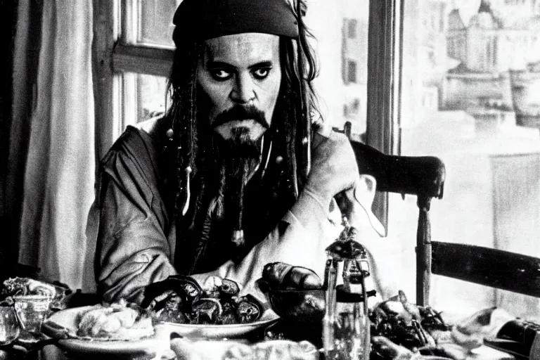 Image similar to soviet movie still jack sparrow sitting at a table next to the window with food, dark warm light, a character portrait by margarita terekhova, movie stalker solaris film still by andrei tarkovsky, 8 k, 1 9 8 4, close - up bokeh, gelios lens, color, noir