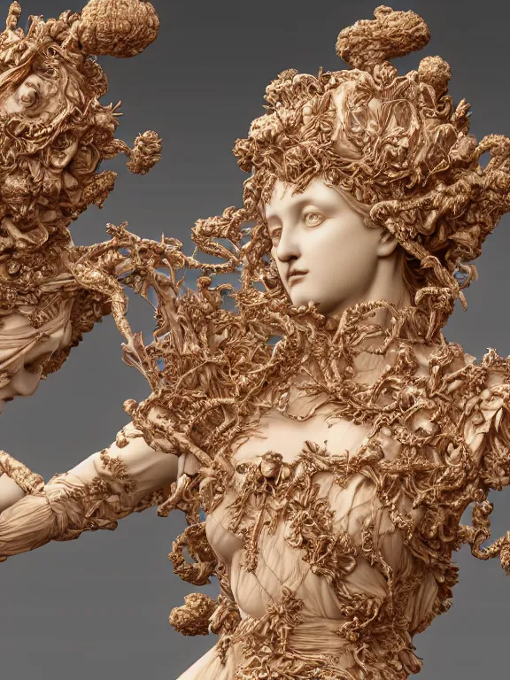 Prompt: a beautiful render of catholic rococo roses veiled red queen sculpture with symmetry intricate detailed,by Edward Burne-Jones and Lawrence Alma-Tadema and aaron horkey and NekroXIII and Billelis and peter gric,Trending on artstation,ZBrush,maximalist,glittering,gold,silver,ivory,hyperreal,golden ratio,cinematic lighting