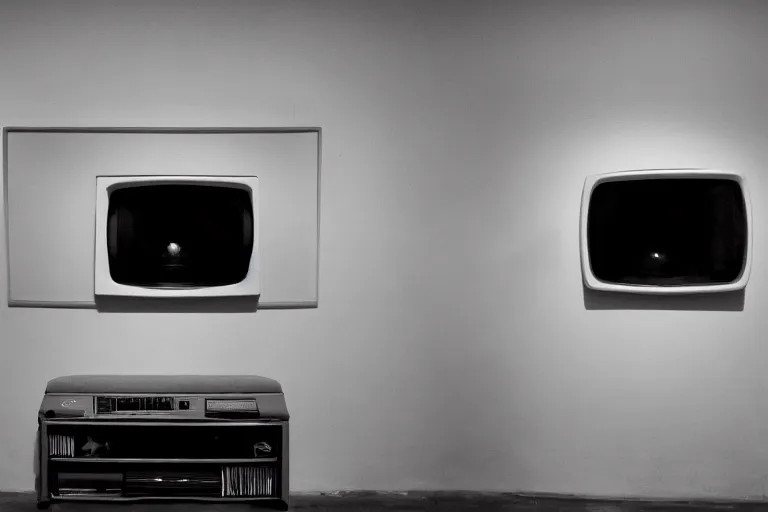 Prompt: a creepy room with a CRT Television displaying brainwashing images