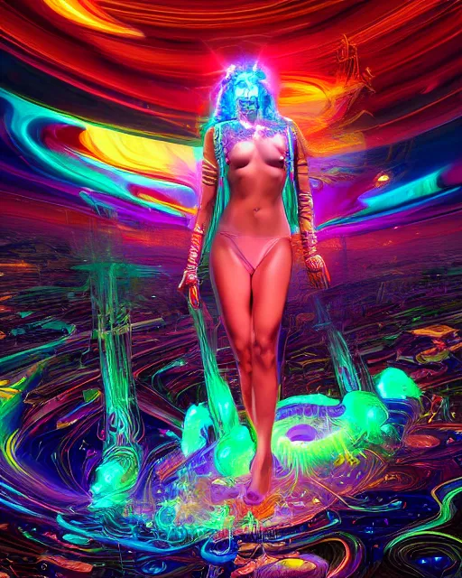 Image similar to a powerful energy psychedelic woman, by alexander fedosav, hyper detailed digital matte painting, concept art, hyperrealism, 1 6 k resolution, cinema 4 d, 8 k resolution, trending on artstation, behance hd, a masterpiece, by stephan martiniere, particles, cel - shaded, power bright neon energy, by david a. hardy,