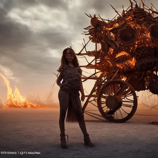 Image similar to full body pose, hyperrealistic photograph of a beautiful girl, burning man, dim volumetric lighting, 8 k, octane beautifully detailed render, extremely hyper detailed, intricate, epic composition, cinematic lighting, masterpiece, trending on artstation, very very detailed, stunning, hdr, smooth, sharp focus, high resolution, award, winning photo, dslr, 5 0 mm