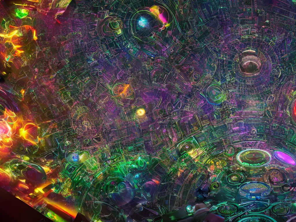 Image similar to an incredible masterpiece of a mystical dj playing a vast array of highly evolved and complex musical technology surrounded by an incredible and complex circular structure in the cosmos, by android jones, octane render, 8 k