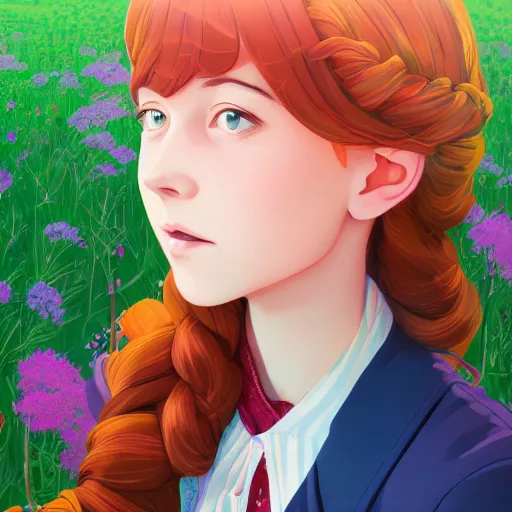 Image similar to portrait of anne shirley-cuthbert, farm field background, rich vivid colors, ambient lighting, dynamic lighting, 4k, HQ, official media, anime key visual, makoto shinkai, ilya kuvshinov, lois van baarle, rossdraws, detailed, trending on artstation