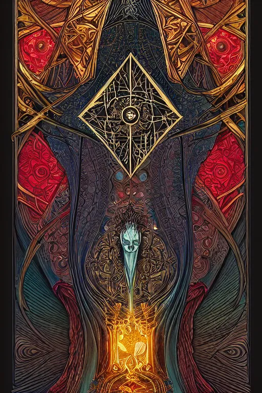 Image similar to a symmetrical tarot card by android jones, ornate border, trending on artstation