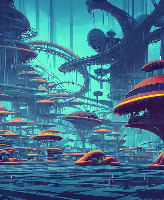 Image similar to simplicity, an amusement park made out of simple weird organic creatures, in the style of a streamlined asymmetrical spaceship, bleak apocalyptic environment, by dan mumford, yusuke murata, makoto shinkai, ross tran, cinematic, unreal engine, cel shaded, featured on artstation, pixiv