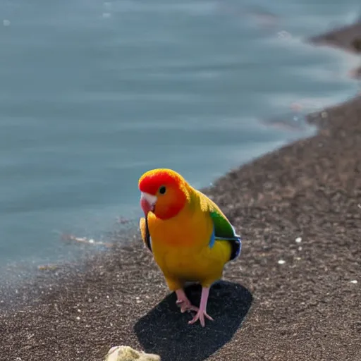 Prompt: lovebird sitting at shore, reflective, sunny day, landscape photography, nature