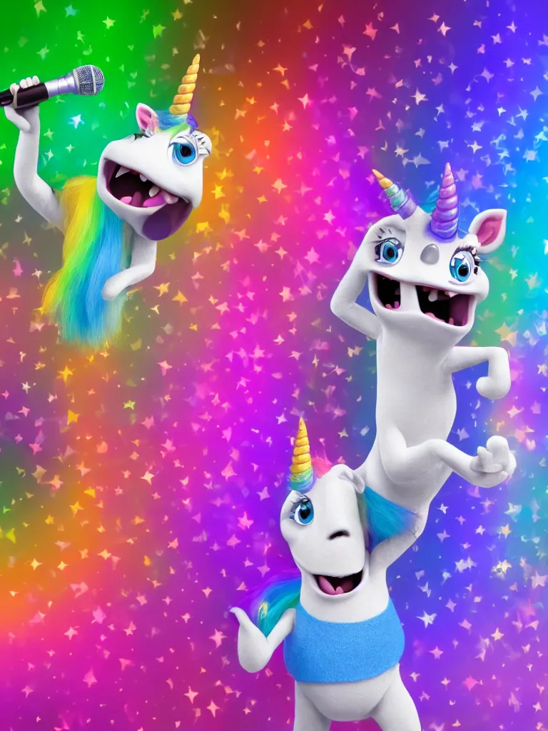 Prompt: a realistic rainbow colored unicorn beat boxing on stage holding a microphone by Pixar