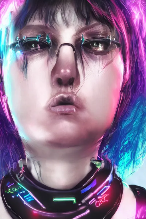 Image similar to detailed realistic female rock star cyberpunk wearing thick technological collar around neck, realistic, art, beautiful, 4K, collar, choker, collar around neck, punk, artstation, detailed, female, woman, choker, cyberpunk, neon, punk, collar, choker, collar around neck, thick collar, tight around neck, punk,