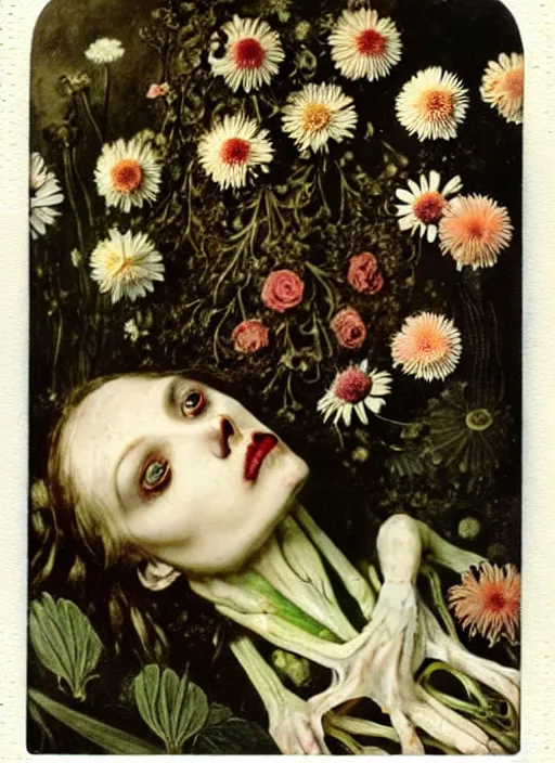 Image similar to beautiful and detailed rotten woman corpse made of plants and many types of stylized flowers like carnation, daisy, chrysanthemum, anemone, roses and tulips, intricate, surreal, john constable, gustave courbet, caravaggio, romero ressendi, bruno walpoth 1 9 1 0 polaroid photo