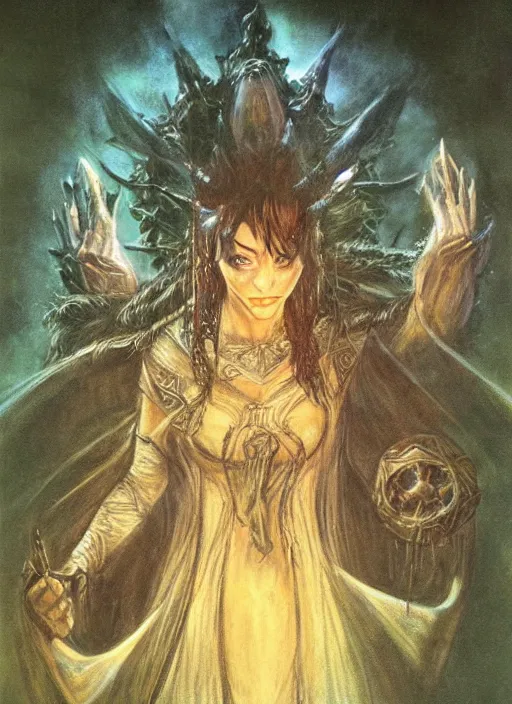 Image similar to portrait of young female sorceress of the endtimes, beautiful! coherent! dungeons and dragons character, by brian froud, strong line, night color, high contrast