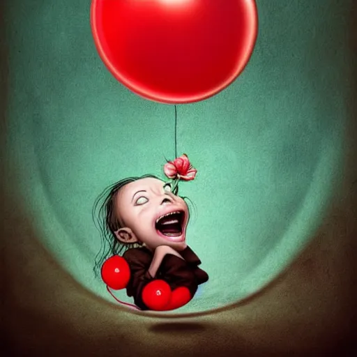 Prompt: surrealism grunge cartoon portrait sketch of a flower inside a balloon with a wide smile and a red balloon by - michael karcz, loony toons style, mona lisa style, horror theme, detailed, elegant, intricate