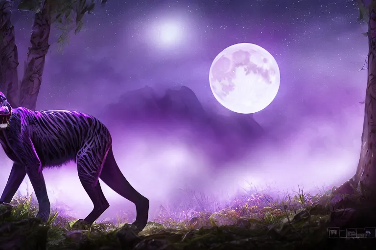 Image similar to a purple colored panther roaring in a forest during the night, large moon in the center. high quality render. illustration. 4 k. render. photoreal. highly detailed. artstation. realistic. dramatic. darkness. moon.