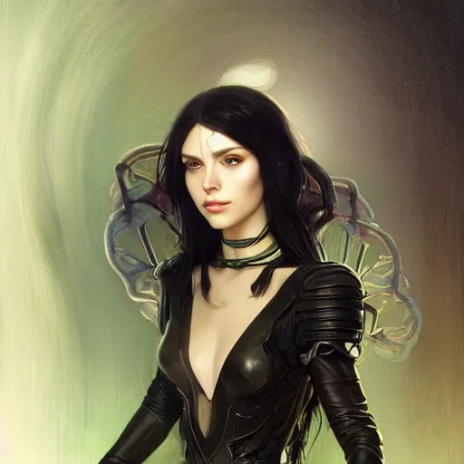 Image similar to Portrait of slim shapely pale young sorceress wearing black leather armor, long black hair, green eyes, intricate, elegant, highly detailed, digital painting, artstation, concept art, smooth, sharp focus, illustration, art by artgerm and greg rutkowski and alphonse mucha and andrei riabovitchev