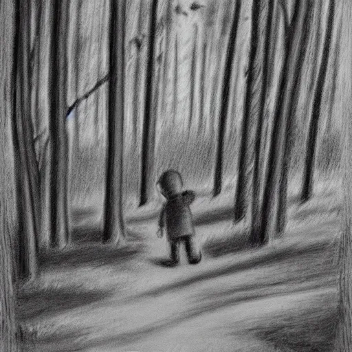 Prompt: little boy lost in the forest, monochrome, black and white, chalk style