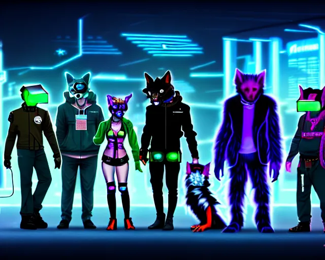 Image similar to high - resolution photograph from a cyberpunk era furry fandom convention ( midwest furfest 2 0 4 7 ), taking place after the genetic revolution and quantum singularity. photorealistic.