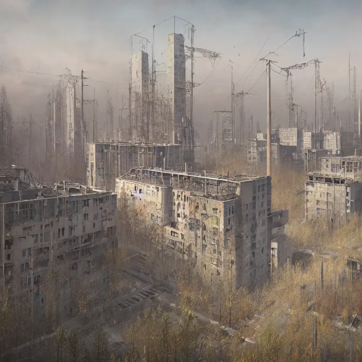 Image similar to a beautiful painting of pripyat by simon stalenhag and zdzisław beksinski and rene magritte and greg rutkowski, in style of digital art. hyper detailed, sharp focus, soft light. unreal engine 5. ray tracing. trending on artstation