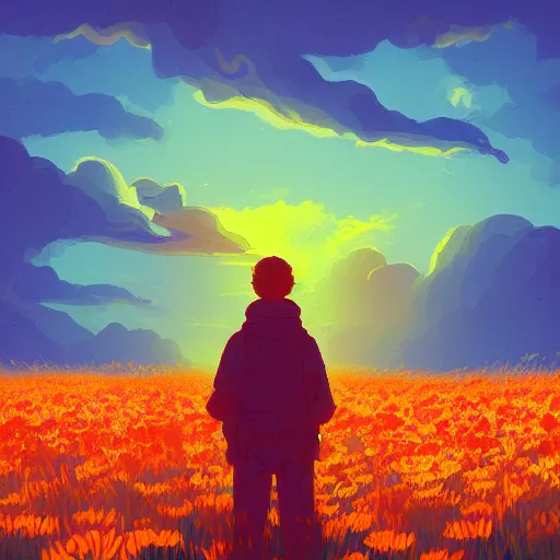 Image similar to a tiger watching a sunset, surreal photography, flower field, beautiful sunset on a summer day light, impressionist painting, colorful clouds, blue sky, digital painting, artstation, simon stalenhag