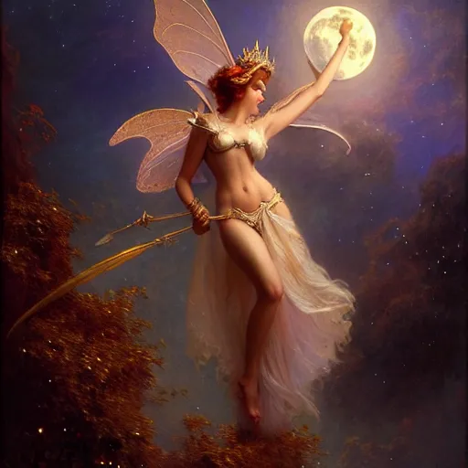 Image similar to attractive fairy queen fly high in the night, fantasy, full moon in background. hyper detailed painting by gaston bussiere, craig mullins, j. c. leyendecker, mid shot, 8 k, cryengone, cinematic lighting, beautiful,