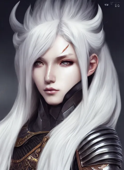 Image similar to warrior, fur leather armor!!! beautiful and elegant white hair female!! gorgeous ayes!! character concept art, sharp focus, octane render! unreal engine 5! highly rendered!! trending on artstation!! detailed linework!! illustration by artgerm, wlop, and chie yoshii