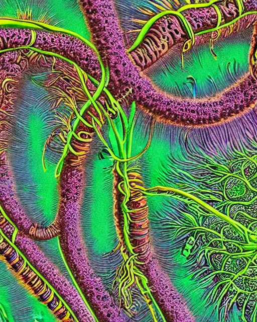 Prompt: Escherichia coli, close up details, drawn by Ernst Haeckel, colorful, beeple rendering