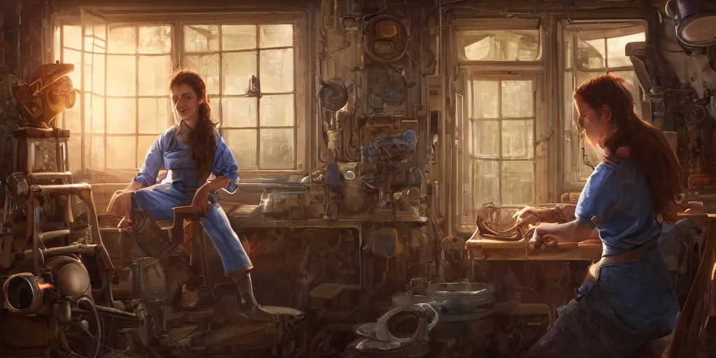 Image similar to highly detailed portrait painting of welder and angelina joile, room mono window, by eddie mendoza and tyler edlin, 8 k resolution