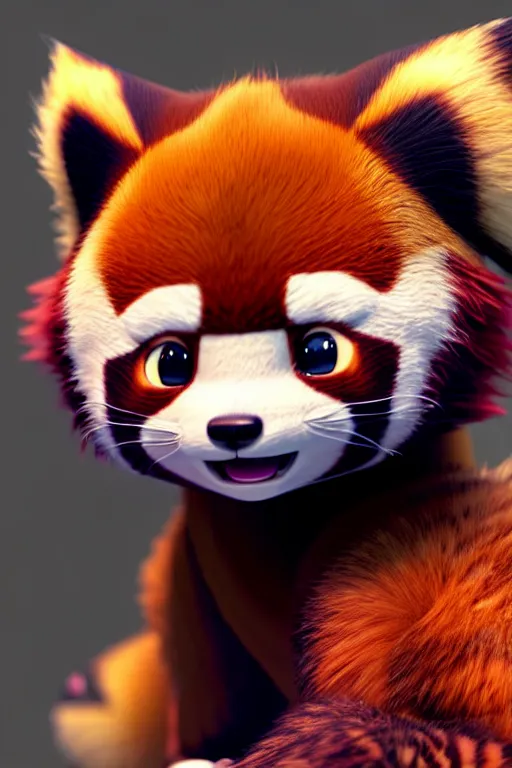 Image similar to high quality 3 d render hyperrealist very cute red panda & cat hybrid, vray, detective pikachu, very dramatic light, low angle, uhd 8 k, shallow depth or field