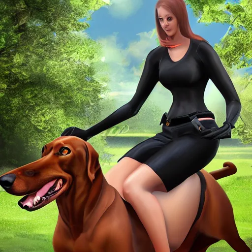 Image similar to girl riding a giant doberman dog in the park, trending on artstation