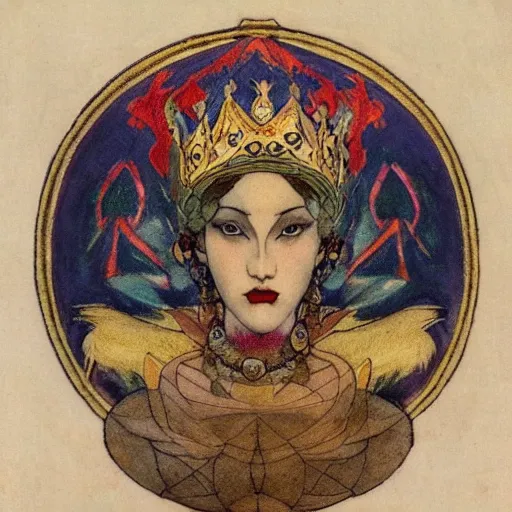 Image similar to the lantern crown, by Annie Swynnerton and Nicholas Roerich and (Edmund Dulac), embroidered brocade, tattoos, elaborate costume, geometric ornament, symbolist, rich colors, dramatic lighting, smooth, sharp focus, extremely detailed