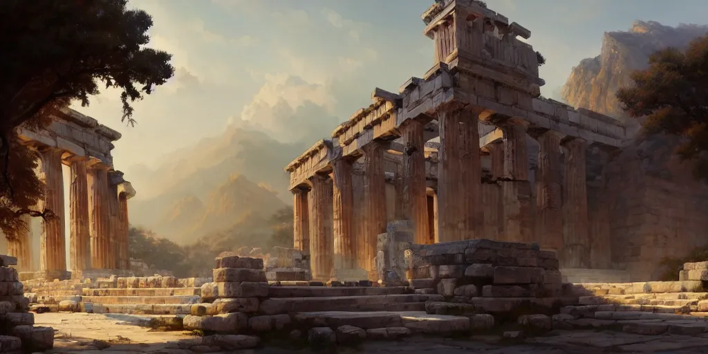 Prompt: an ancient greek city, extremely detailed digital painting, in the style of fenghua zhong and ruan jia and jeremy lipking and peter mohrbacher, mystical colors, rim light, beautiful lighting, 8 k, stunning scene, raytracing, octane, trending on artstation