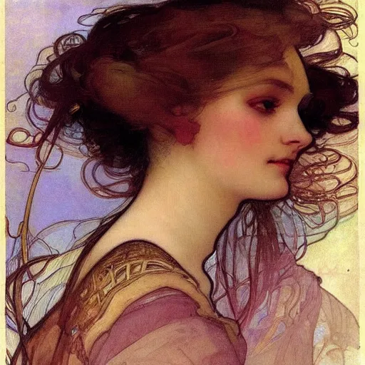 Image similar to beautiful woman's sideface, beautiful background, by alfons maria mucha, highly detailded