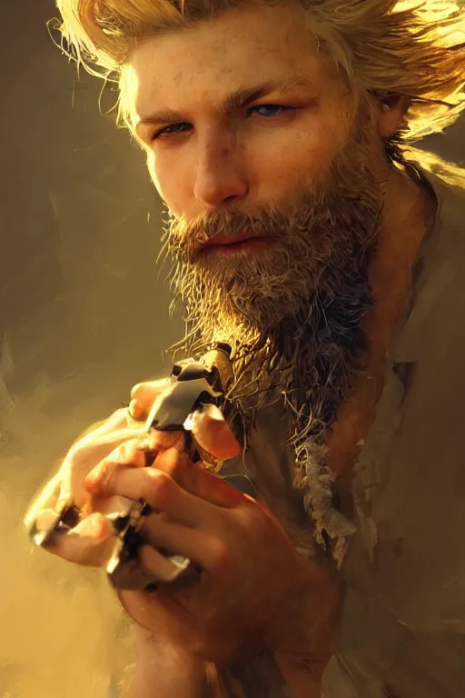 Image similar to blonde wild hair beard man, pirate eye - patch, playing guitare, close - up portrait, powerfull, intricate, elegant, volumetric lighting, scenery, digital painting, highly detailed, artstation, sharp focus, illustration, concept art, ruan jia, steve mccurry