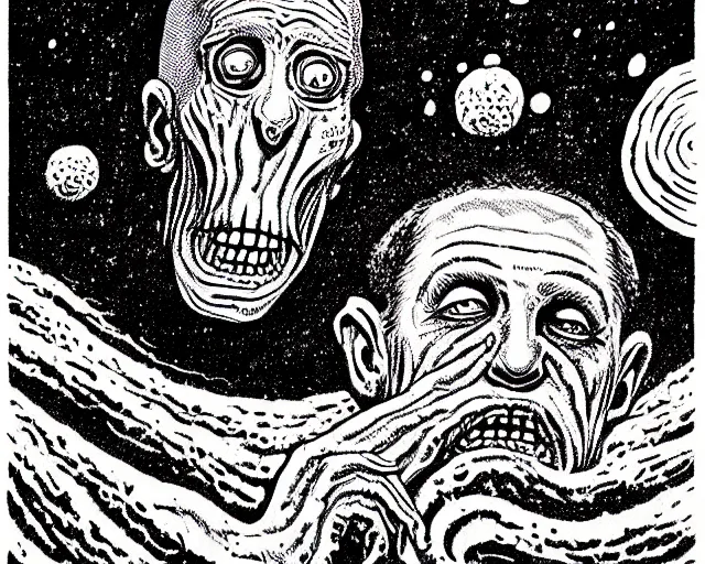 Image similar to h. p. lovecraft swimming in the ocean depths, cosmic horror painting, elegant intricate digital painting artstation concept art by basil wolverton by robert crumb by william eggleston detailed