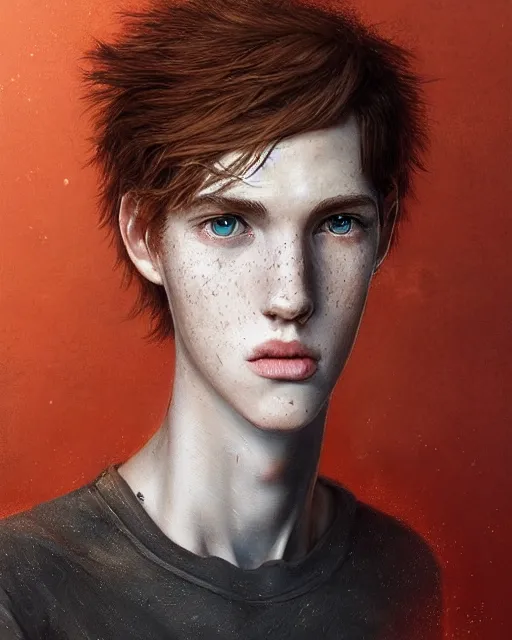 Image similar to portrait of tall, thin, 1 5 - year - old boy with a long nose, a lot of freckles, fiery red hair, and bright blue eyes, hyper realistic face, beautiful eyes, fantasy art, in the style of greg rutkowski, intricate, hyper detailed, smooth