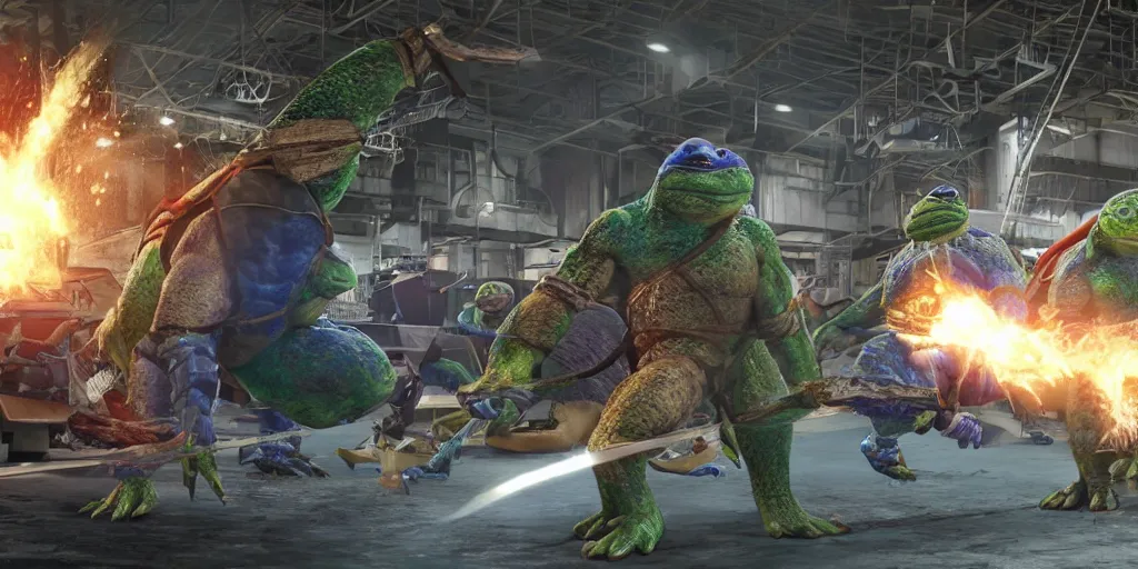 Image similar to phil spencer, microsoft, ninja turtles in an asian factory, fantasy, games 3 d, unreal, amazing detali 4 k