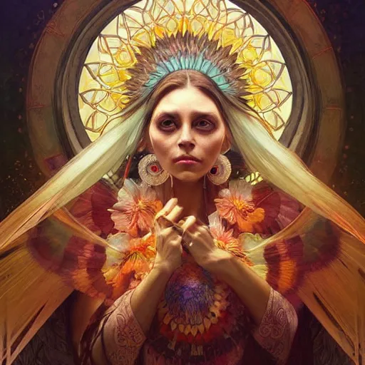 Prompt: concert of an shaman, big eyes, intricate, elegant, highly detailed, digital painting, artstation, concept art, smooth, sharp focus, illustration, art by artgerm and greg rutkowski and alphonse mucha