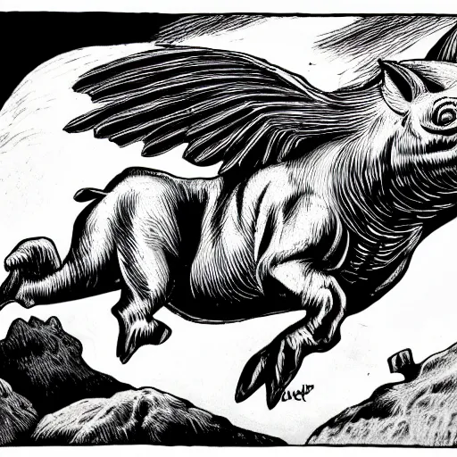 Image similar to winged flying pig with unicorn horn, richard corben style, black and white, 8k